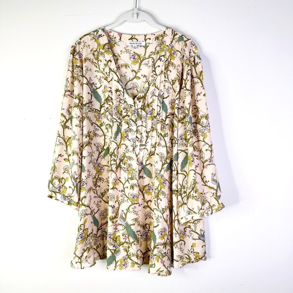 Rose + Olive Top Women 2X Plus Beige Blush Floral Garden Puff Slv Tunic NWOT